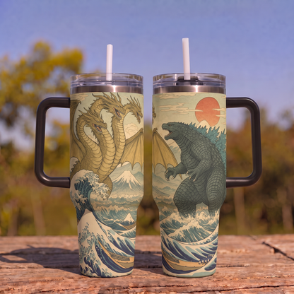 Vintage Godzilla vs King Ghidora Insulated Stainless Steel Tumbler with Handle & Straw