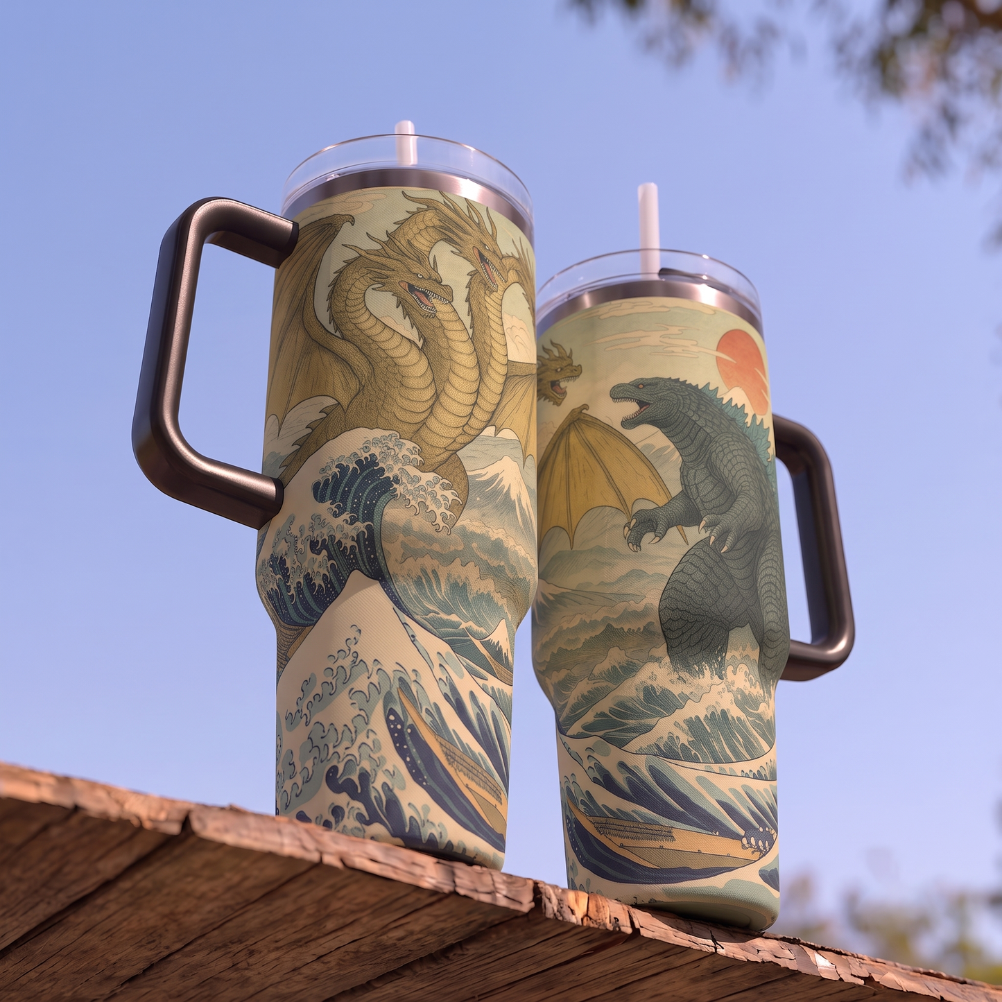 Vintage Godzilla vs King Ghidora Insulated Stainless Steel Tumbler with Handle & Straw