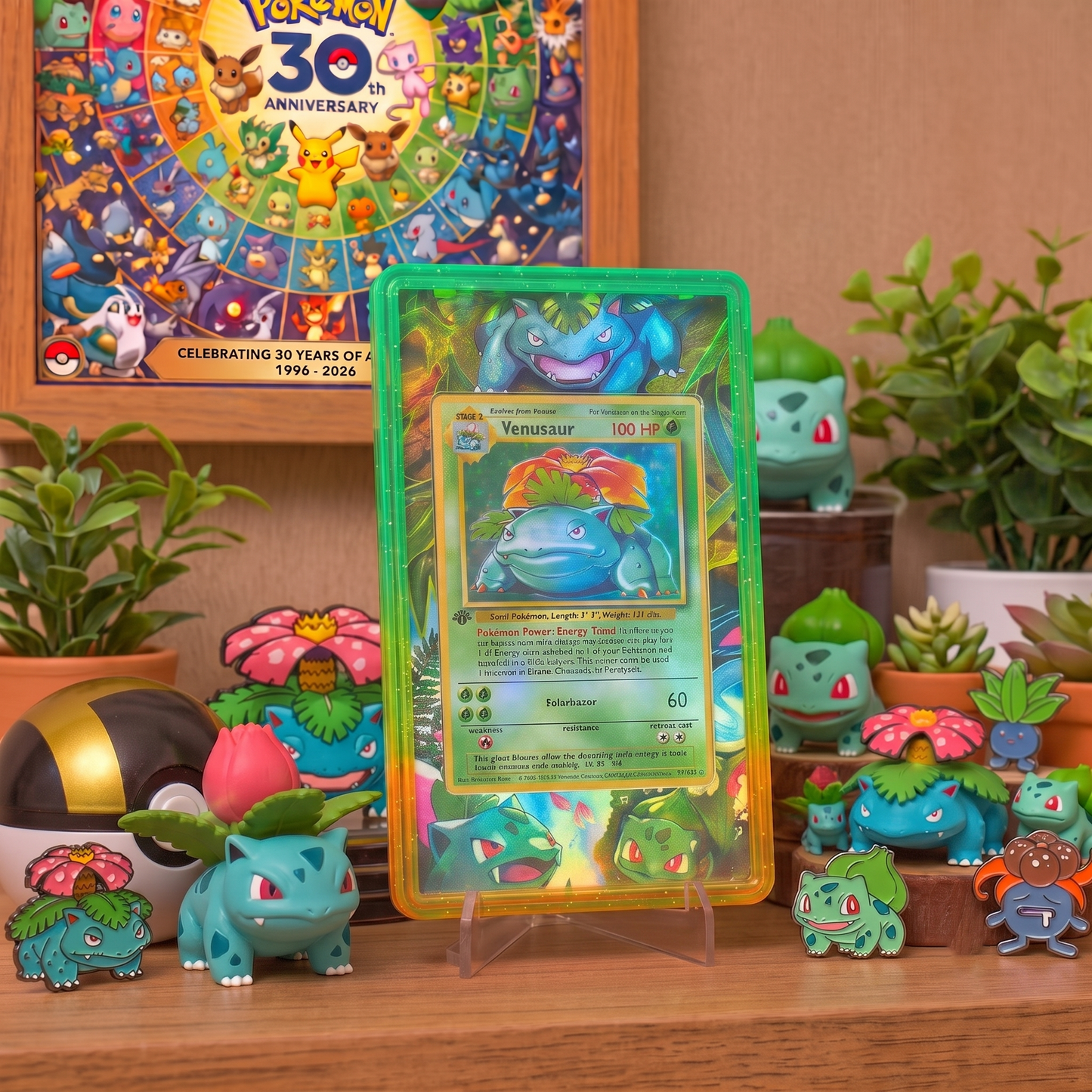 Custom Glitter Card Holder for PKM TCG, Venusaur Orange Acrylic Trading Card Display Case, TCG Collector Gift