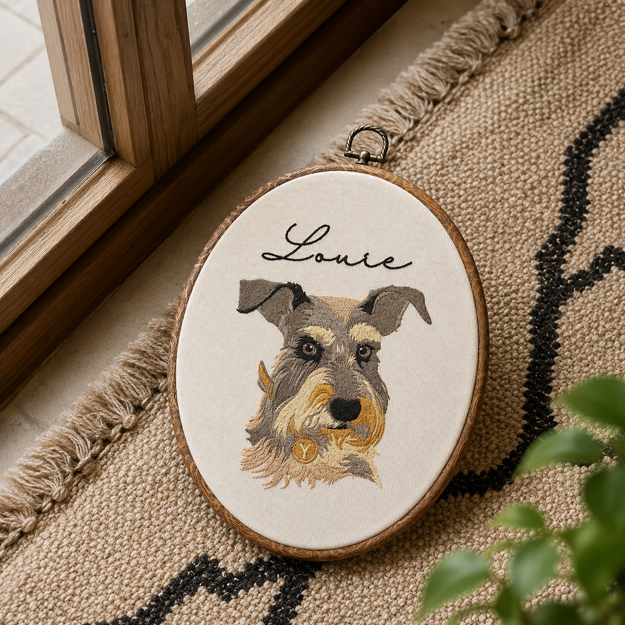 Custom Pet Portrait Embroidery Hoop – Personalized Dog Memorial Wall Art