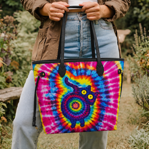 Vibrant Rainbow Tie-Dye Spiral Cat Women's Large PU Bag