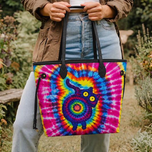 Vibrant Rainbow Tie-Dye Spiral Cat Women's Large PU Bag