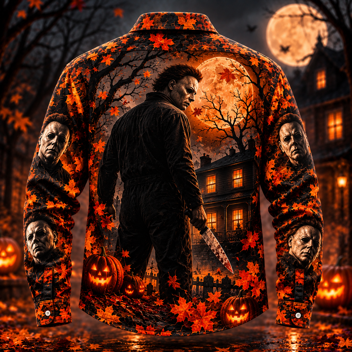 Halloween Michael Myers AOP Long Sleeve Shirt With Pocket