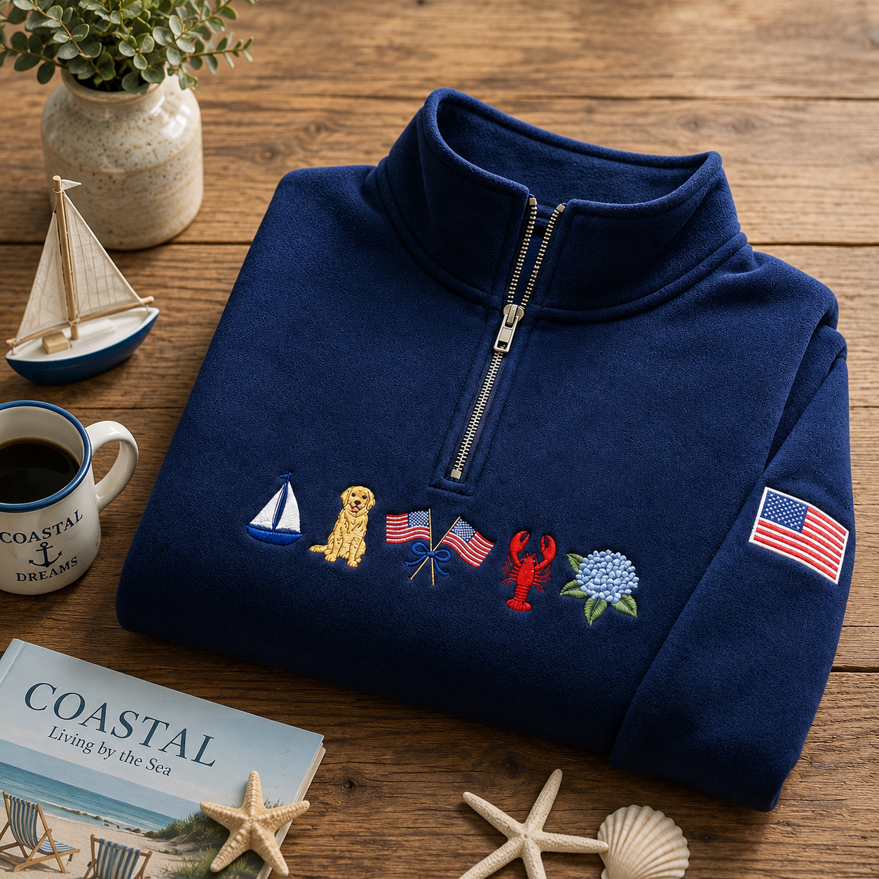 Coastal Embroidered Fleece Pullover Quarter-Zip Sweatshirt, Hoodie Sweatshirt T-Shirt