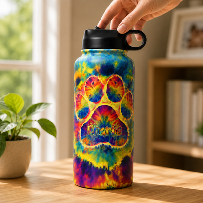 Custom Name Tie-Dye Pet Paw Print Insulated Water Bottle