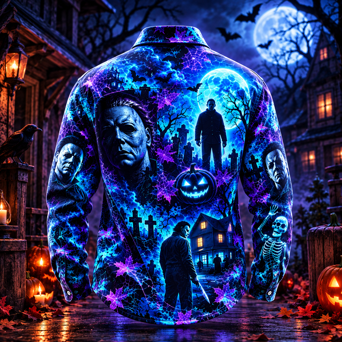 Halloween Michael Myers Neon AOP Long Sleeve Shirt With Pocket