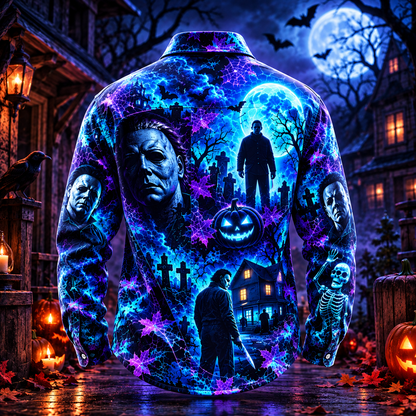Halloween Michael Myers Neon AOP Long Sleeve Shirt With Pocket