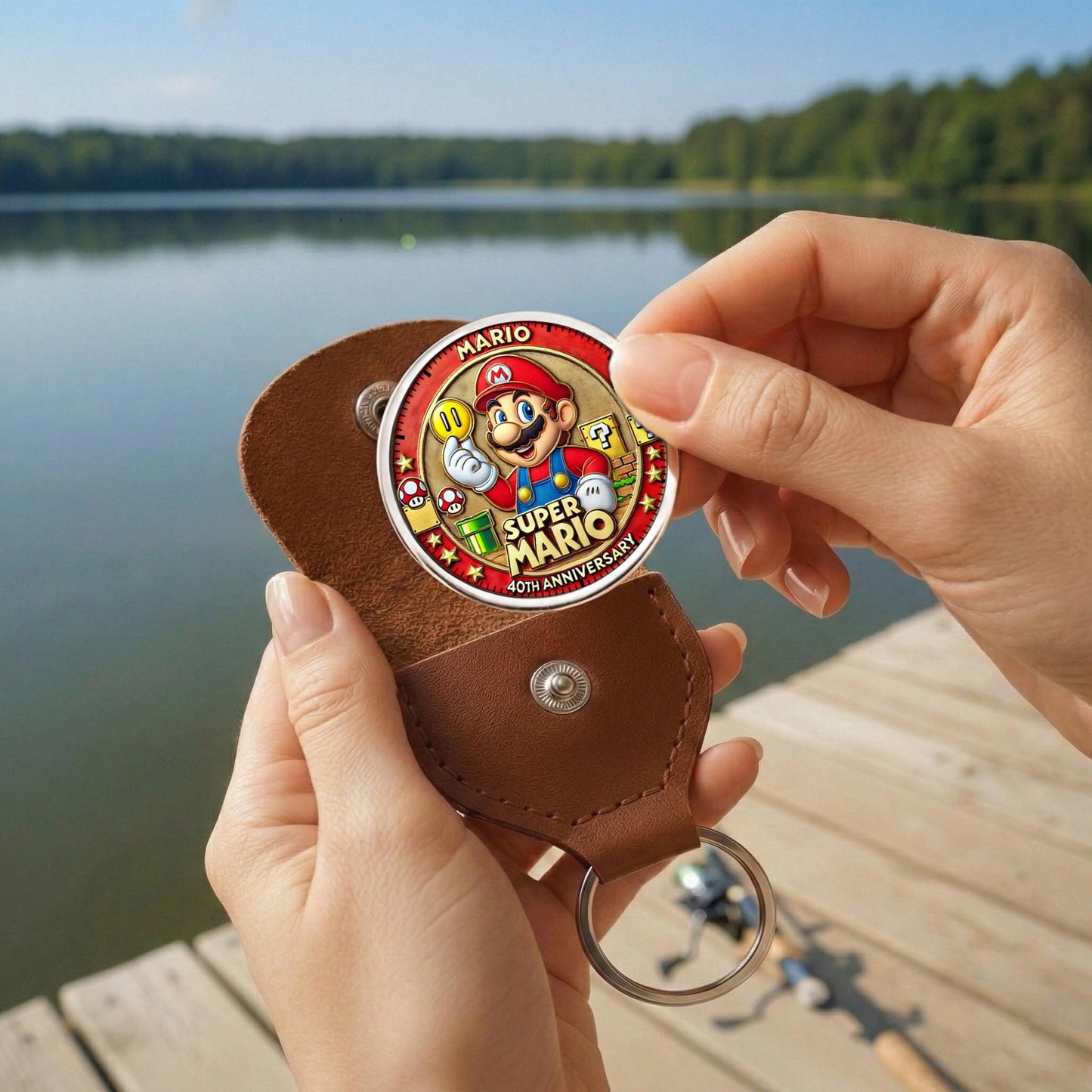 Super Mario 40th Anniversary Printed Commemorative Coin With Pocket Hug Leather Keychain