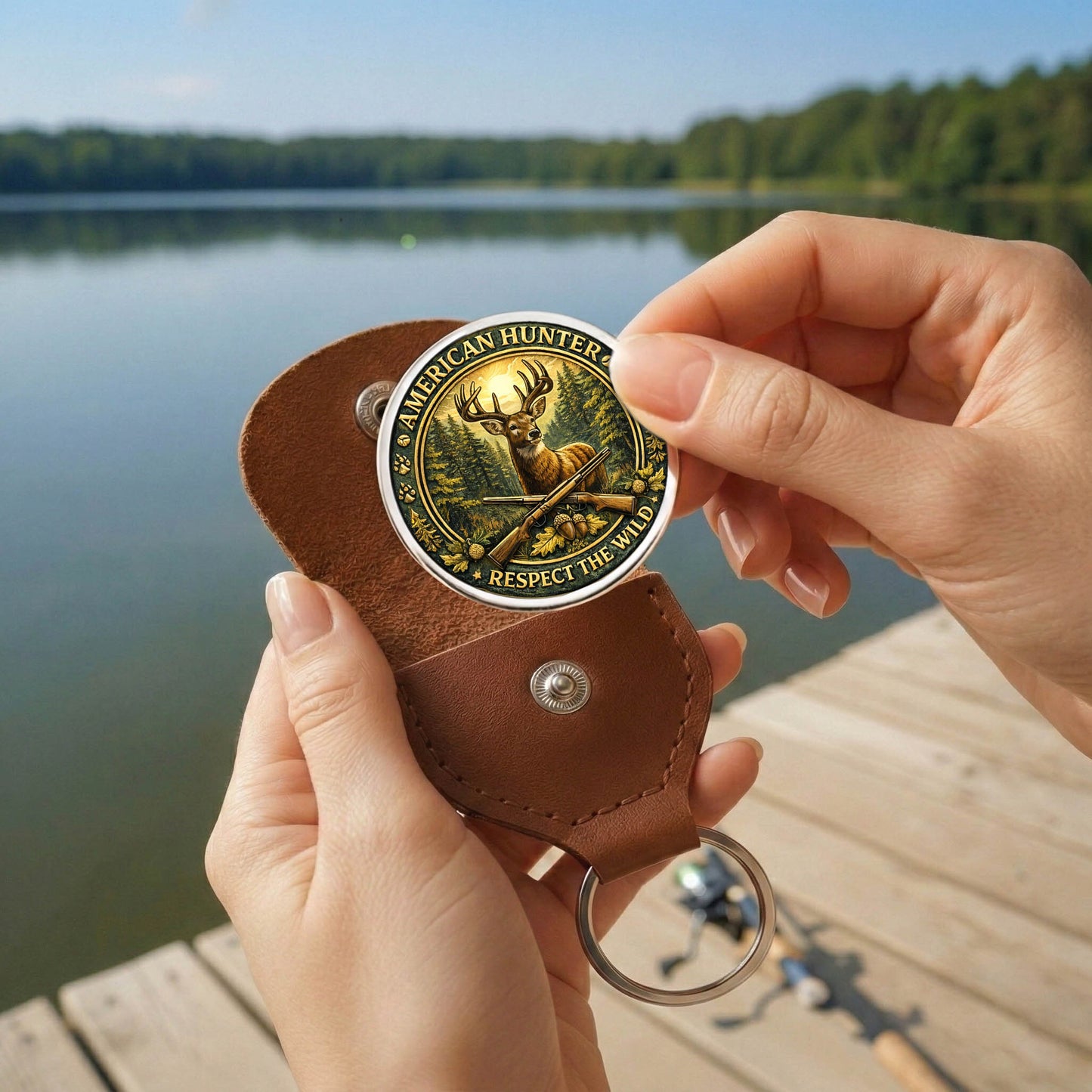 American Hunter Printed Commemorative Coin With Pocket Hug Leather Keychain