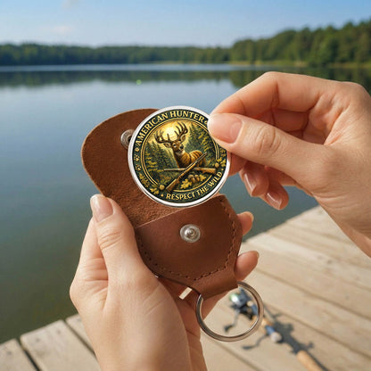 American Hunter Printed Commemorative Coin With Pocket Hug Leather Keychain