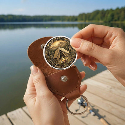 Camping Tradition Printed Commemorative Coin With Pocket Hug Leather Keychain