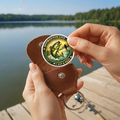 Hooked For Life Printed Commemorative Coin With Pocket Hug Leather Keychain