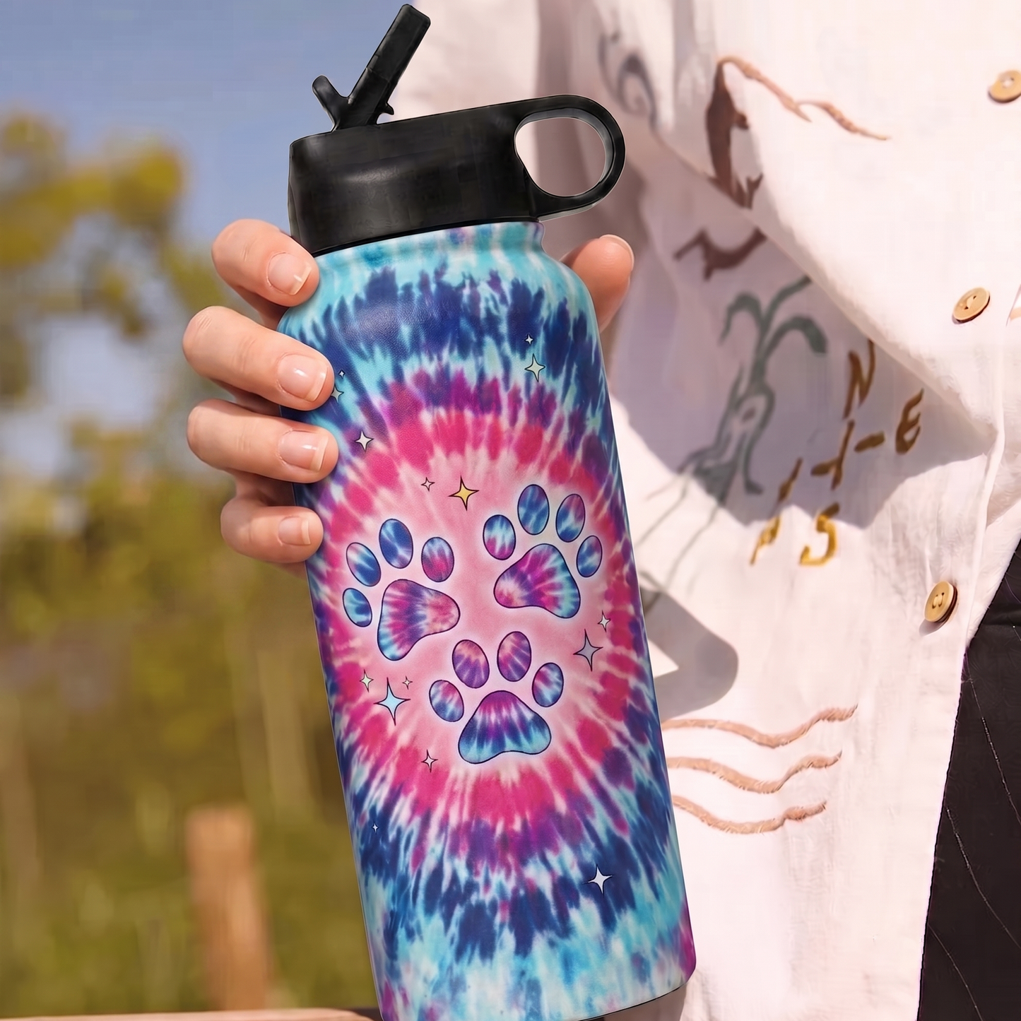 Tie-Dye Pet Paw Print Insulated Water Bottle