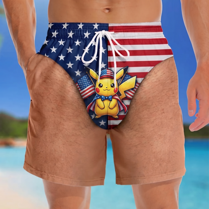 PKM Pikachu Custom Funny Men Swim Trunks - Personalized Summer Vacation And Travel Gifts For Men - Freedom And Chill