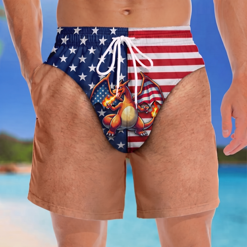 PKM Charizard Custom Funny Men Swim Trunks - Personalized Summer Vacation And Travel Gifts For Men - Freedom And Chill