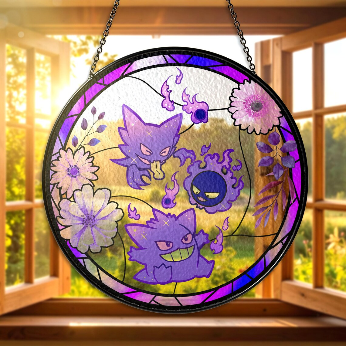 PKM Gastly Haunter Gengar Stained Glass Suncatcher