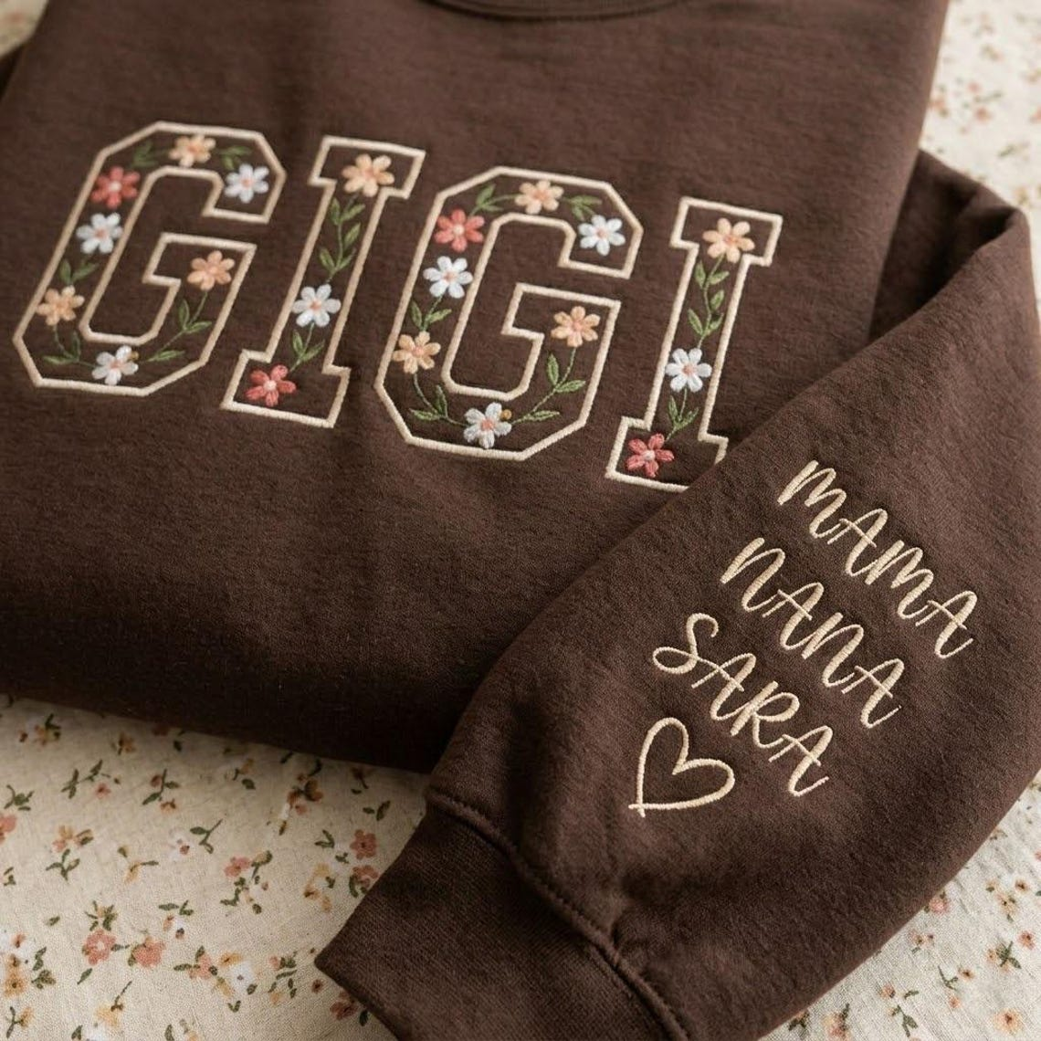 Embroidered Mother's Day Floral Custom Text With Kid's Names On Sleeve Hoodie Sweatshirt T-Shirt