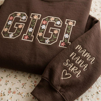 Embroidered Mother's Day Floral Custom Text With Kid's Names On Sleeve Hoodie Sweatshirt T-Shirt