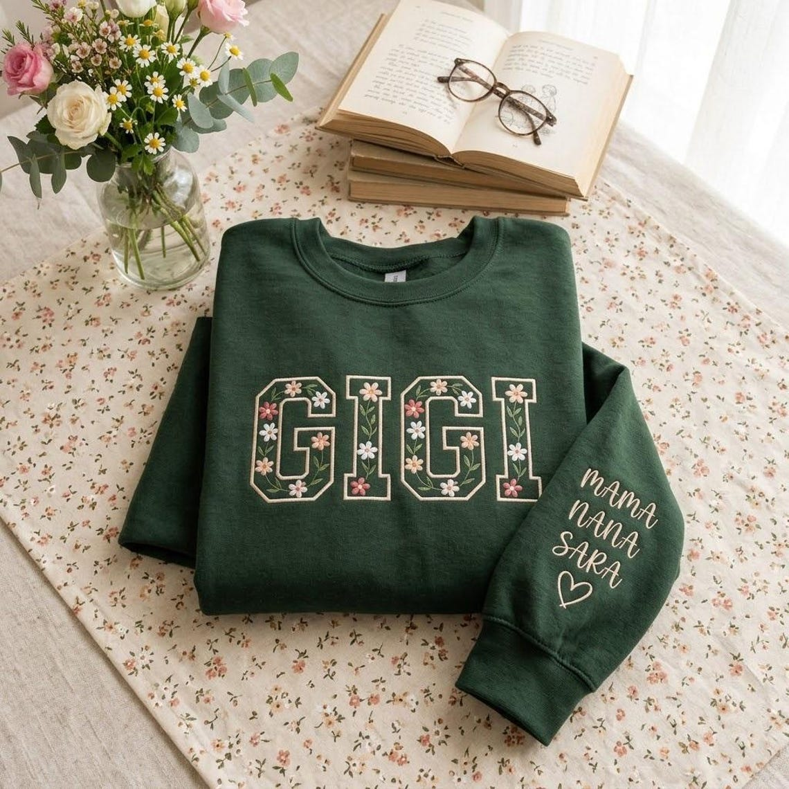 Embroidered Mother's Day Floral Custom Text With Kid's Names On Sleeve Hoodie Sweatshirt T-Shirt