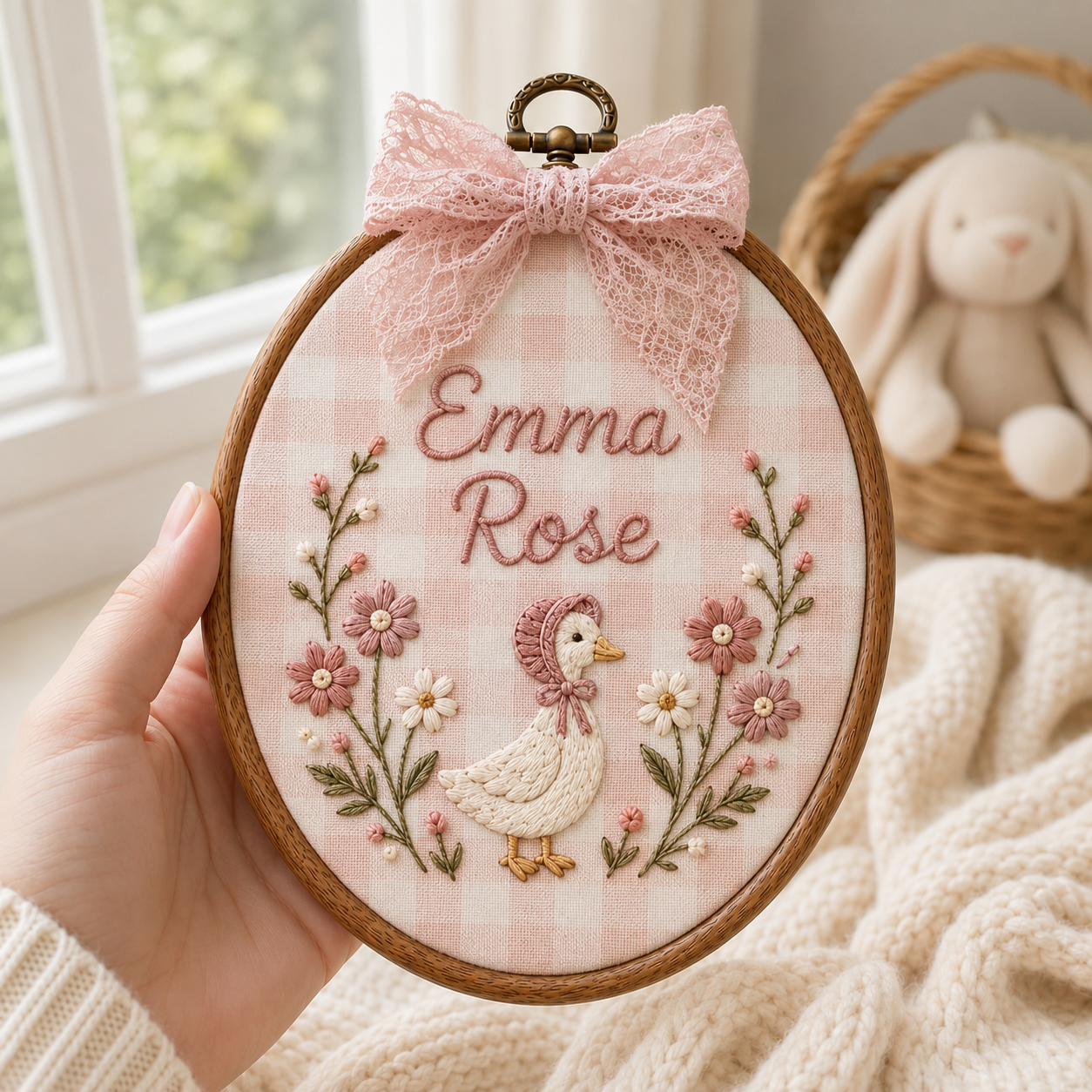 Personalized Goose Baby Name Sign, Custom Embroidered Nursery Name Hoop