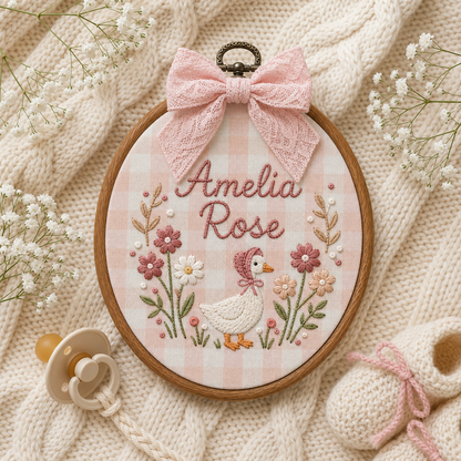 Personalized Goose Baby Name Sign, Custom Embroidered Nursery Name Hoop