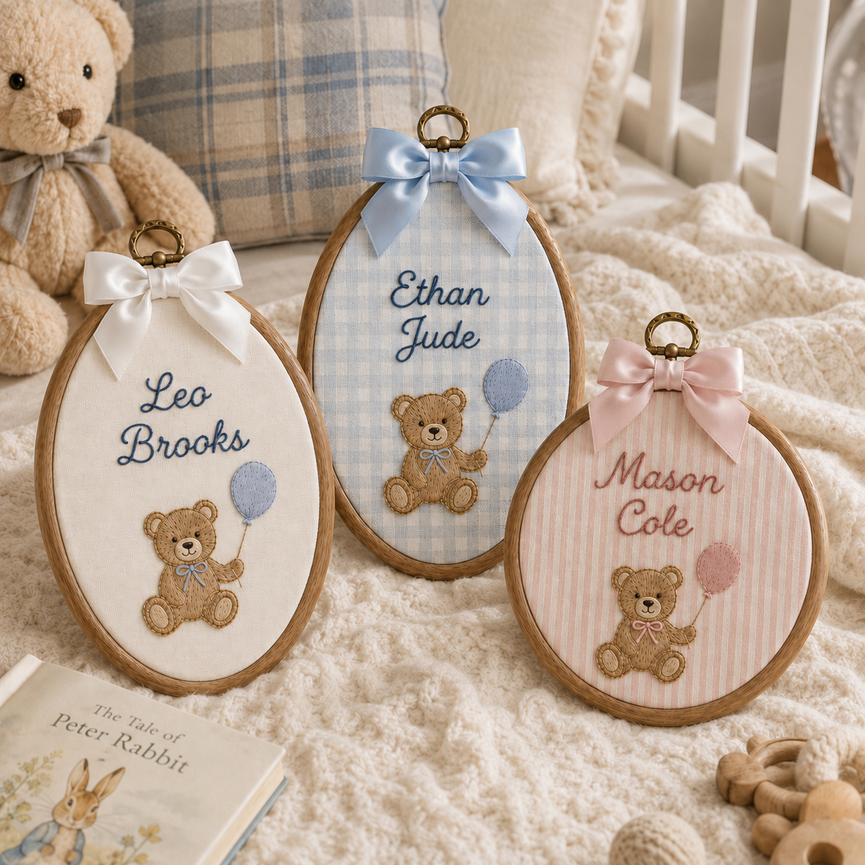 Personalized Embroidered Teddy Bear Baby Name Hoop