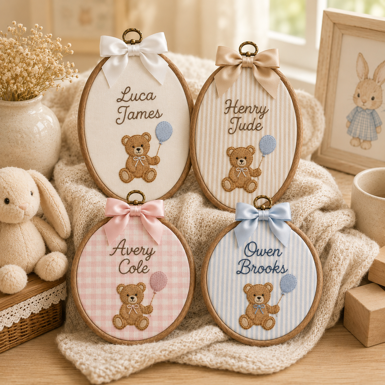 Personalized Embroidered Teddy Bear Baby Name Hoop