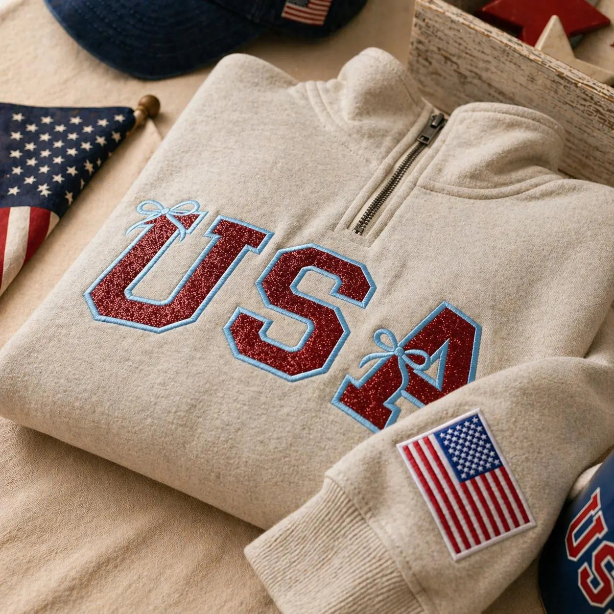 Vintage USA Quarter Zip Pullover Glitter Applique Patriotic T-Shirt Sweatshirt Hoodie Quarter-Zip Sweatshirt (Copy)