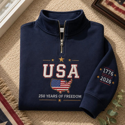 USA 250 Years of Freedom 1776–2026 Patriotic Map Embroidered Graphic T-Shirt Sweatshirt Hoodie Quarter-Zip Sweatshirt