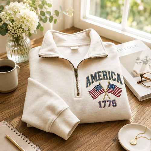 America 1776 Embroidered Patriotic USA Flag Pullover Sweatshirt, Hoodie Sweatshirt T-Shirt