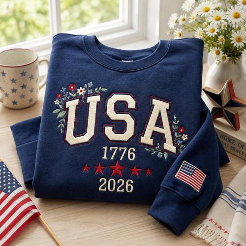 USA 1776–2026 Patriotic Floral Embroidered Independence Day Graphic T-Shirt Sweatshirt Hoodie Quarter-Zip Sweatshirt