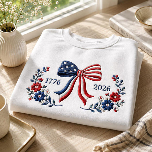 1776–2026 Patriotic Floral American Flag Bow Embroidered Graphic T-Shirt Sweatshirt Hoodie Quarter-Zip Sweatshirt