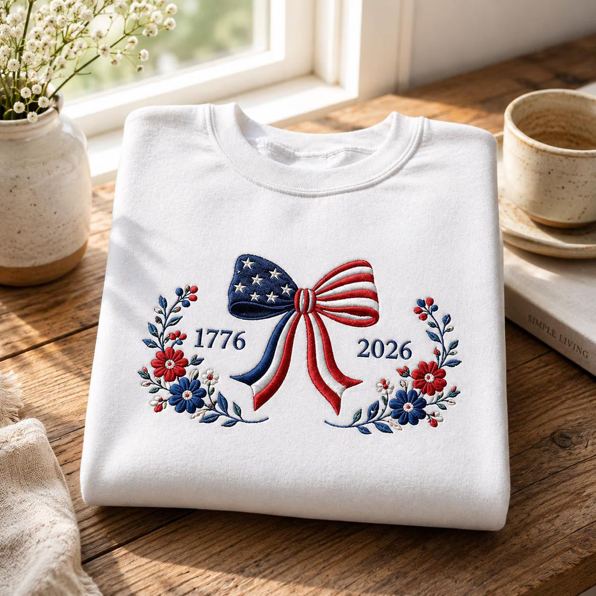 1776–2026 Patriotic Floral American Flag Bow Embroidered Graphic T-Shirt Sweatshirt Hoodie Quarter-Zip Sweatshirt