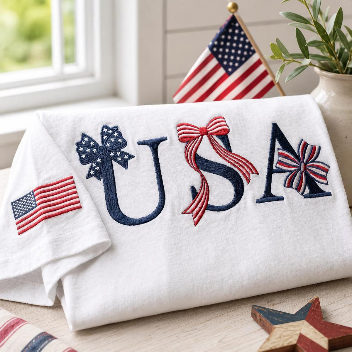 USA Patriotic Bow Embroidered Independence Day Graphic T-Shirt Sweatshirt Hoodie Quarter-Zip Sweatshirt