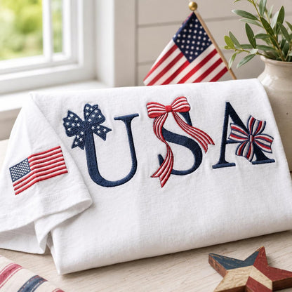 USA Patriotic Bow Embroidered Independence Day Graphic T-Shirt Sweatshirt Hoodie Quarter-Zip Sweatshirt