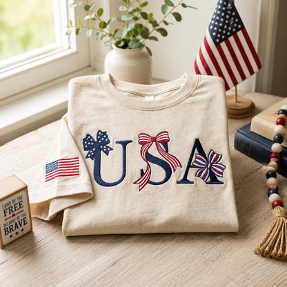 USA Patriotic Bow Embroidered Independence Day Graphic T-Shirt Sweatshirt Hoodie Quarter-Zip Sweatshirt