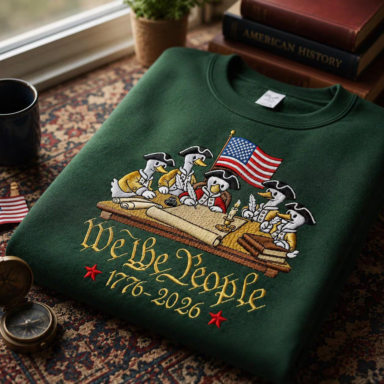 We The People 1776–2026 Patriotic Duck Founding Fathers Embroidered Graphic T-Shirt Sweatshirt Hoodie Quarter-Zip Sweatshirt