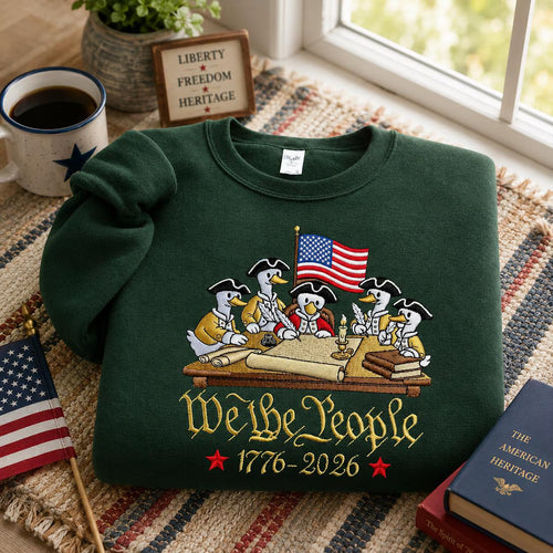 We The People 1776–2026 Patriotic Duck Founding Fathers Embroidered Graphic T-Shirt Sweatshirt Hoodie Quarter-Zip Sweatshirt