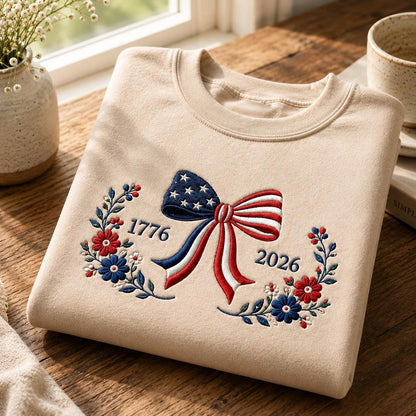 1776–2026 Patriotic Floral American Flag Bow Embroidered Graphic T-Shirt Sweatshirt Hoodie Quarter-Zip Sweatshirt