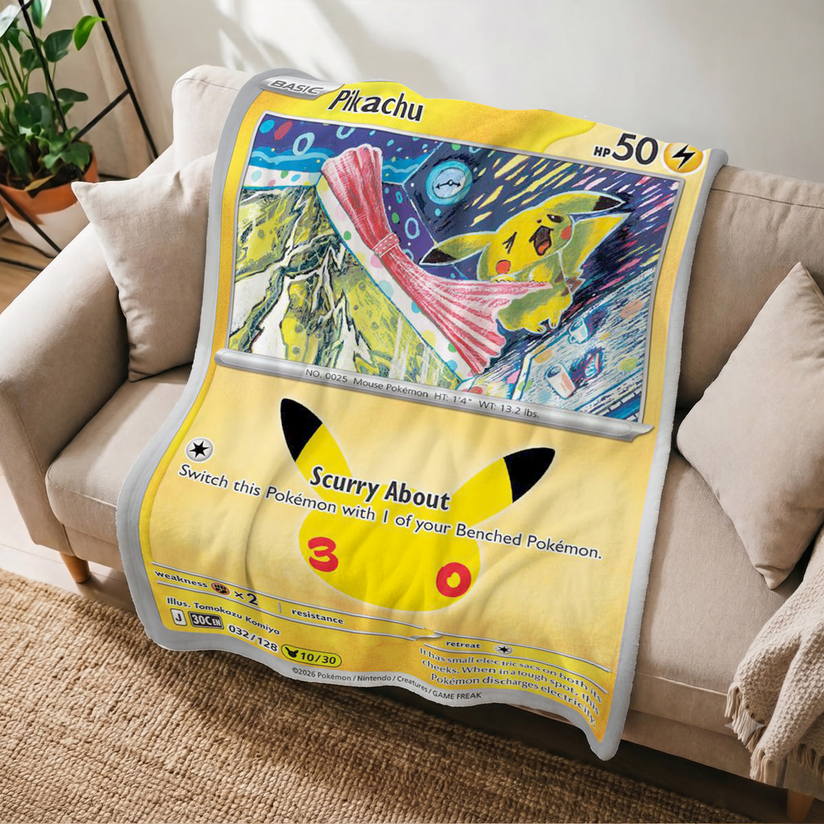 PKM Pikachu 30th Anniversary Custom Fleece Blanket