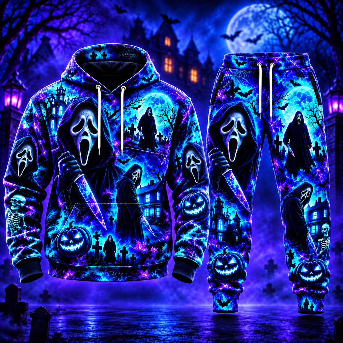 Halloween Neon Ghost Face AOP T-Shirt Sweatshirt Hoodie
