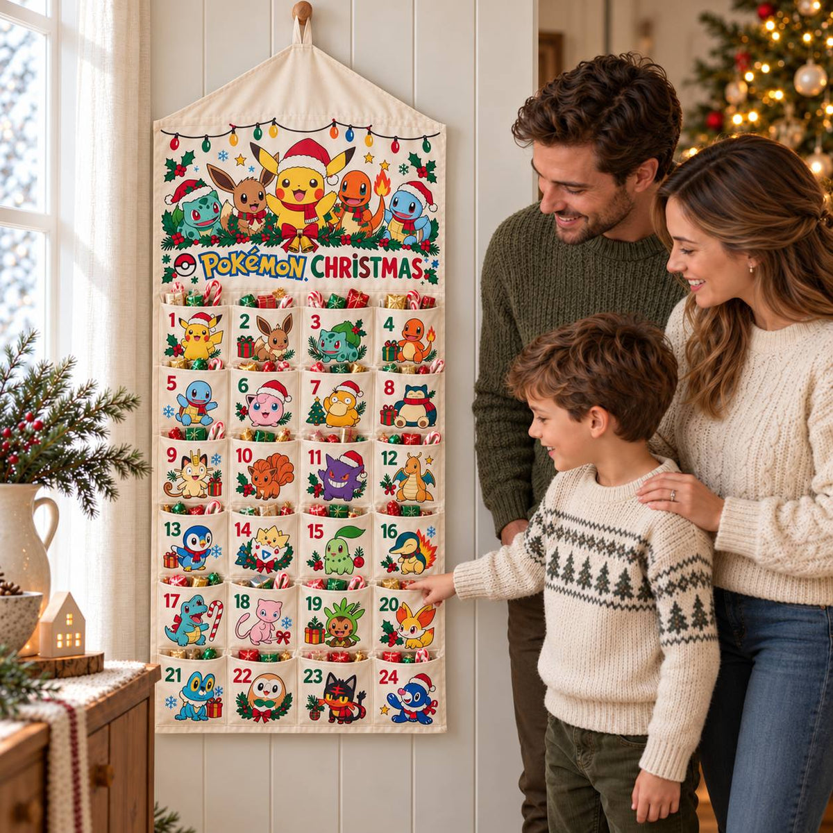 Pokemon Christmas Advent Calendar, 24 Pocket Fabric Wall Hanging, Reusable Holiday Countdown for Fans