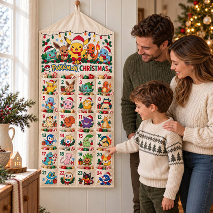Pokemon Christmas Advent Calendar, 24 Pocket Fabric Wall Hanging, Reusable Holiday Countdown for Fans