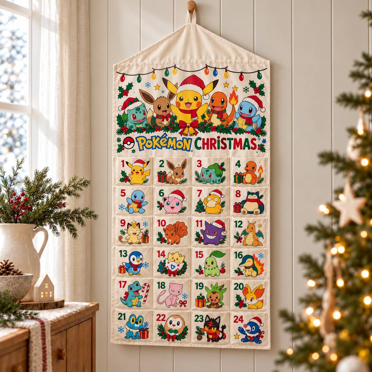Pokemon Christmas Advent Calendar, 24 Pocket Fabric Wall Hanging, Reusable Holiday Countdown for Fans