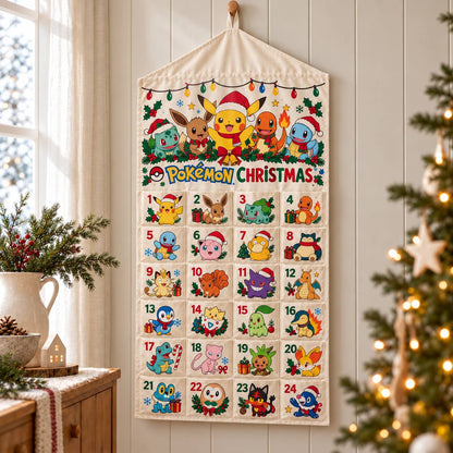 Pokemon Christmas Advent Calendar, 24 Pocket Fabric Wall Hanging, Reusable Holiday Countdown for Fans