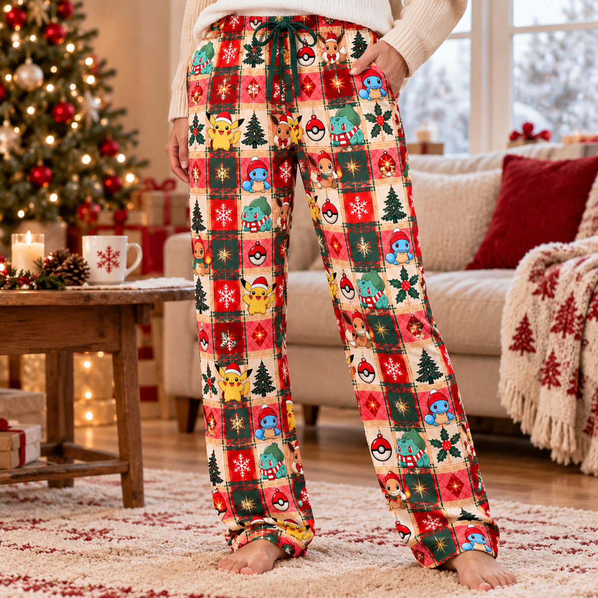 PKM Christmas Lounge Pants, Red Plaid Lounge Pants for Men and Women, Matching Couples Loungewear