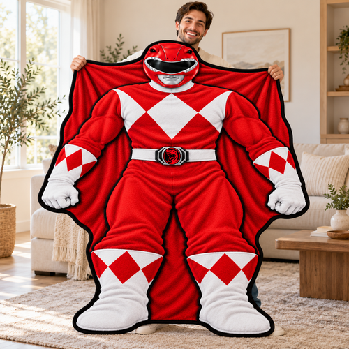 Mighty Morphin Power Rangers Shaped Blanket – Red, Blue, Green, Yellow & Pink Ranger, Superhero Gift for Kids & Fans