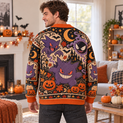 Halloween PKM Gengar Hunter Gastly Spooky Season Ugly Cardigan