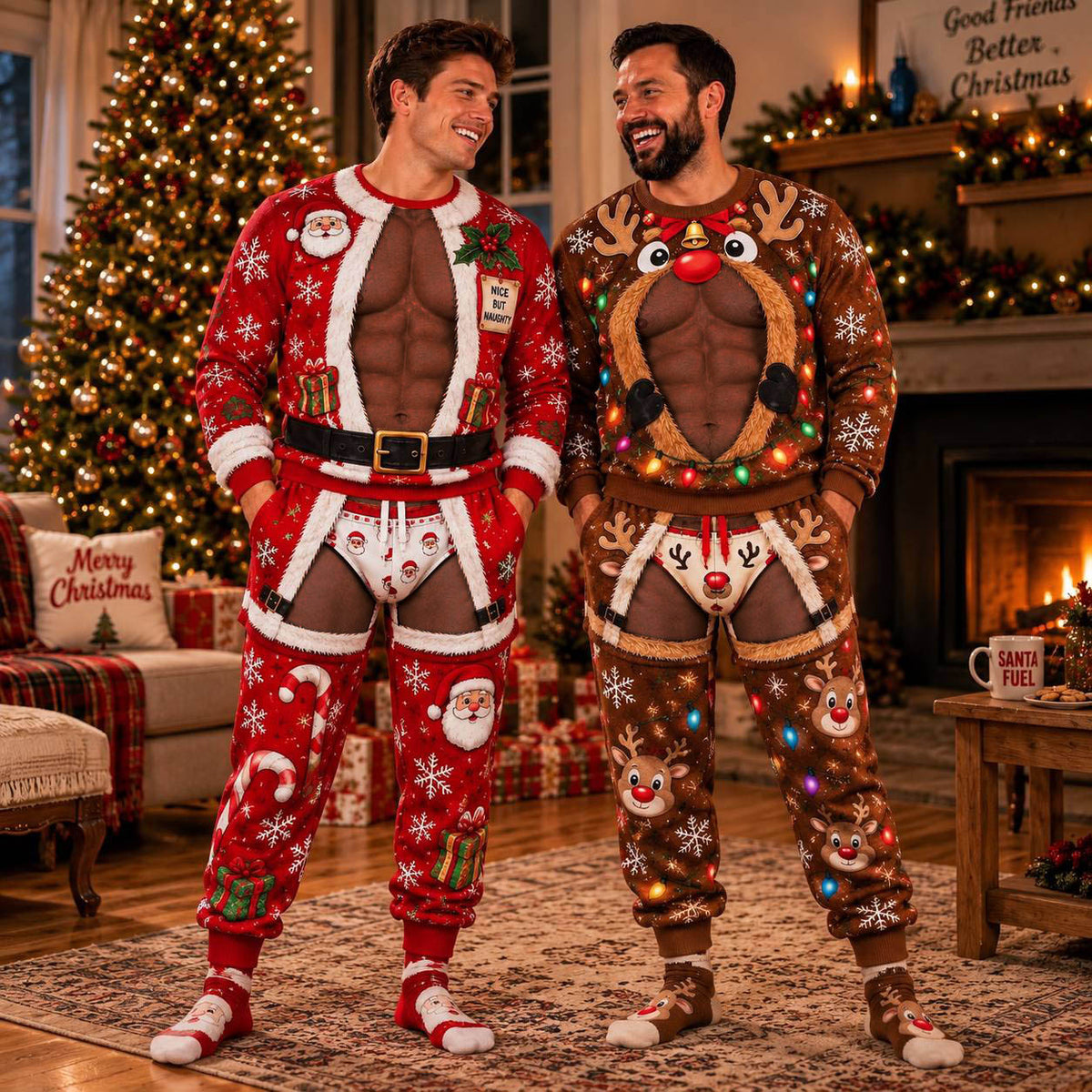 Christmas Funny Santa Claus & Deer Sweatshirt And Sweatpants Set