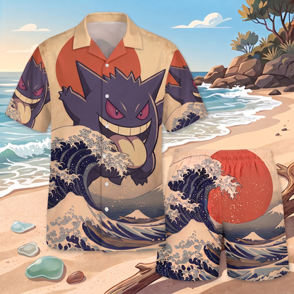PKM Gengar Japanese Style Hawaiian Shirt & Shorts